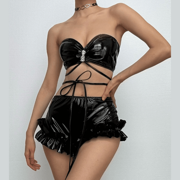 PU leather ruffled halter heart button pant set