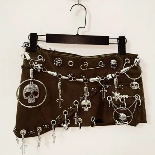 Skull applique waist chain mini skirt