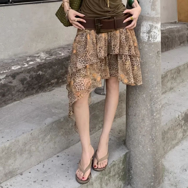 Leopard print irregular contrast midi skirt