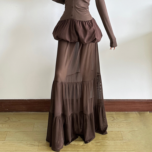 Sheer mesh ruched solid maxi skirt