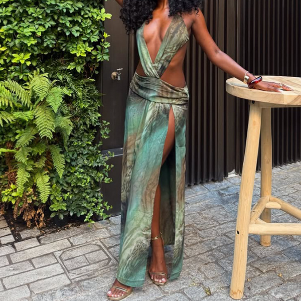 Deep v neck high slit contrast maxi dress