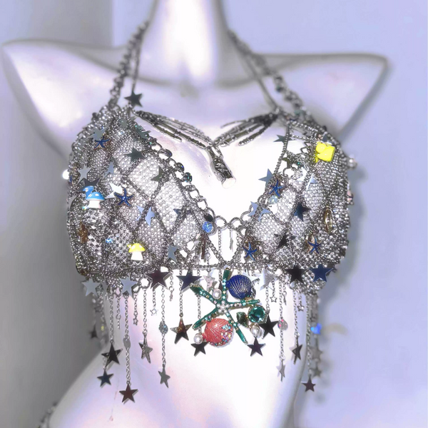 Metal chain v neck tassels hollow out top