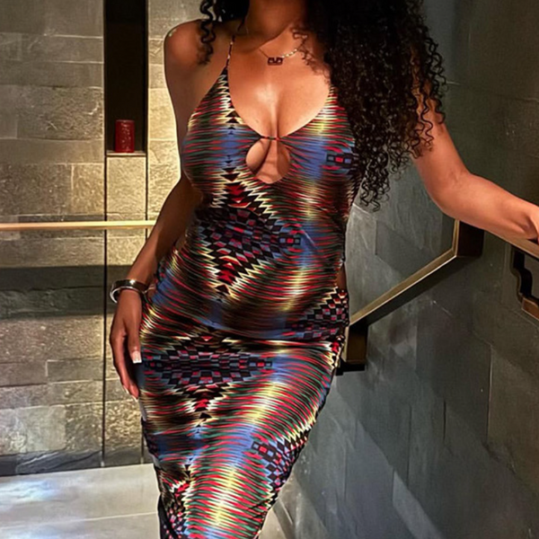 Halter hollow out print maxi dress