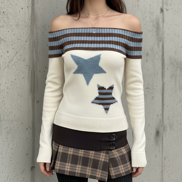 Long sleeve off shoulder striped print star pattern top