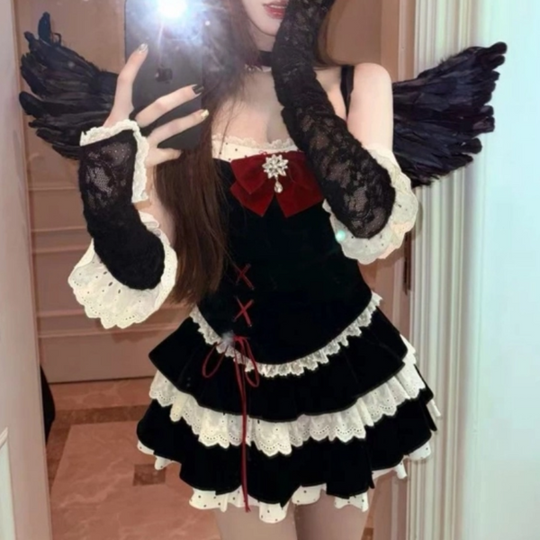 Bowknot lace hem lace up cami mini skirt set