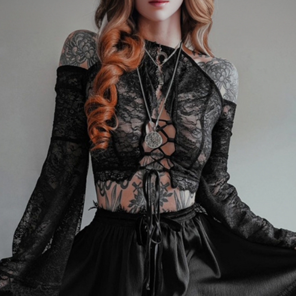 Long flared sleeve lace hollow out lace up top