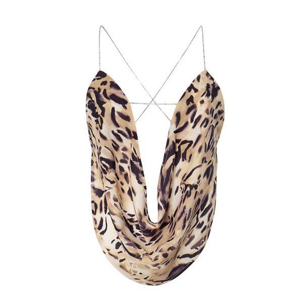 Metal chain cross back cowl neck print top
