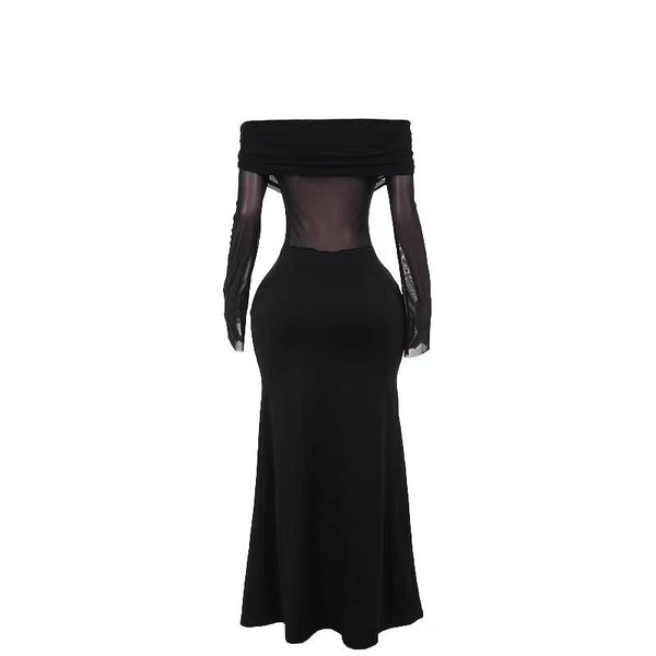 Off shoulder long sleeve mesh ruched maxi dress