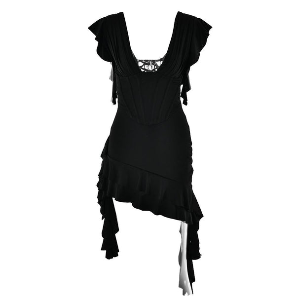 V neck ruffle irregular corset lace up mini dress
