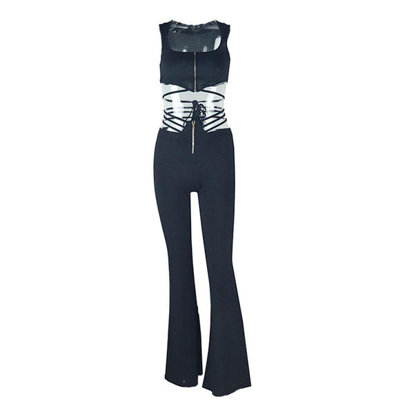 Zip-up self tie ribbed square neck solid pant set