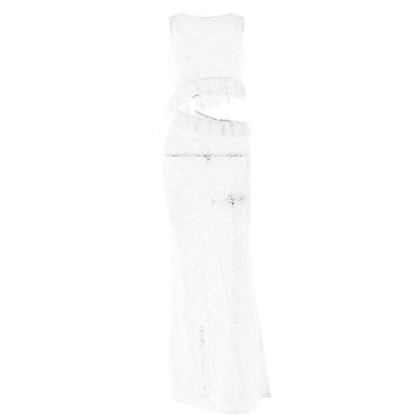 Crewneck hollow out lace ruched see through maxi dress