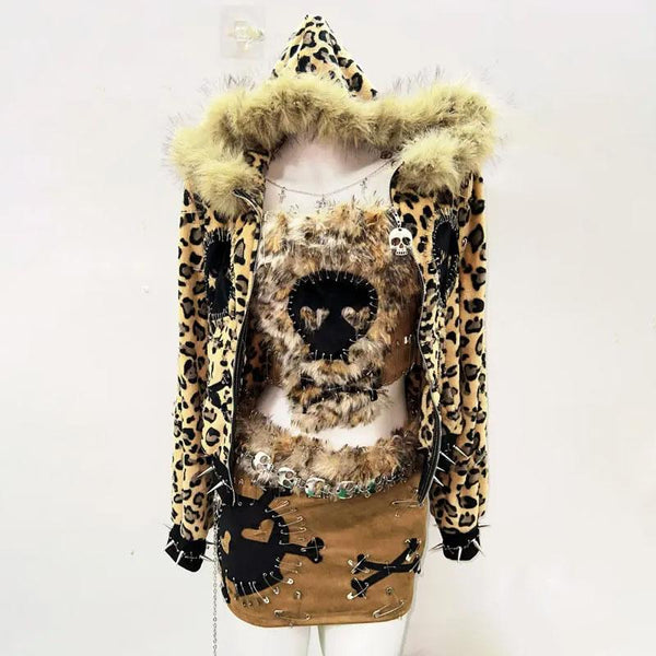 Long sleeve zip-up fluffy skull pattern mini skirt set