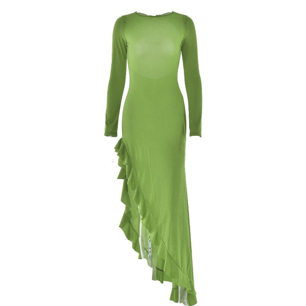 Long sleeve see through glitter irregular ruffle maxi dress