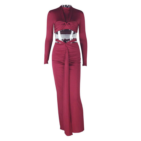 Ruched long sleeve crewneck self tie maxi skirt set