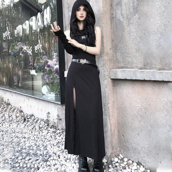 Irregular slit letter pattern hoodie belt maxi dress