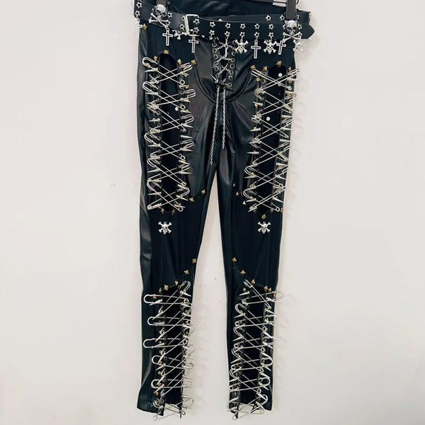 Lace up metal chain hollow out skull applique pant