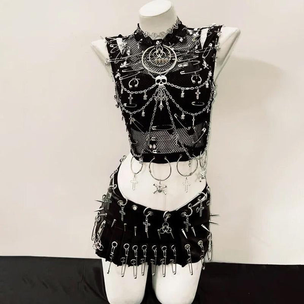 Metal chain o ring zip-up skull applique mini skirt set