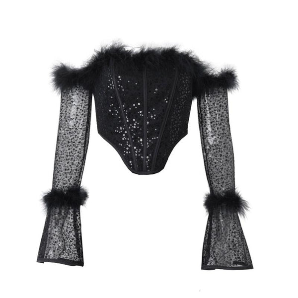 Long flared sleeve glitter feather off shoulder top