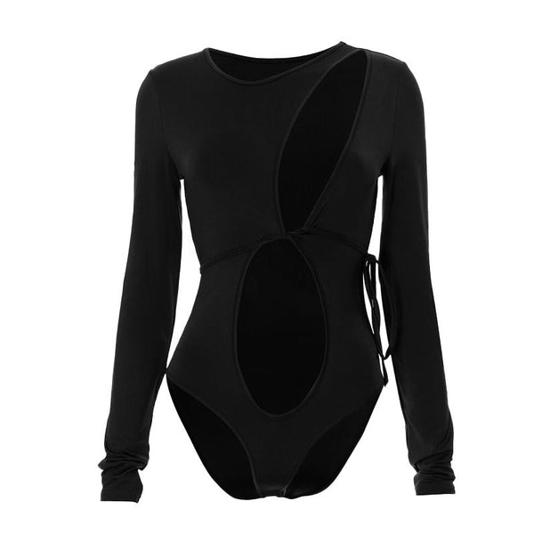 Hollow out long sleeve irregular self tie button bodysuit