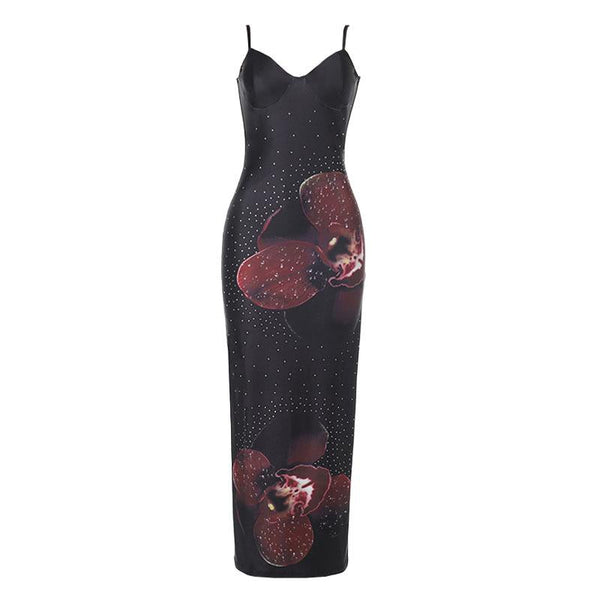 V neck flower print beaded slit cami maxi dress