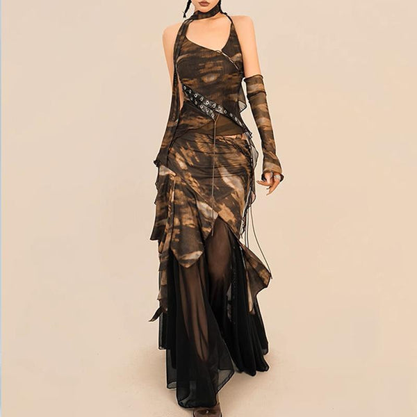 Irregular cross back lace up print mesh gloves maxi skirt set