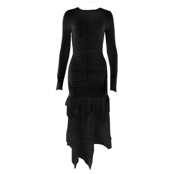 Long sleeve crewneck lace backless ruched midi dress