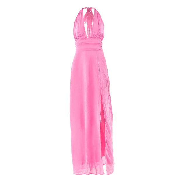 Halter deep v neck ruched high slit maxi dress