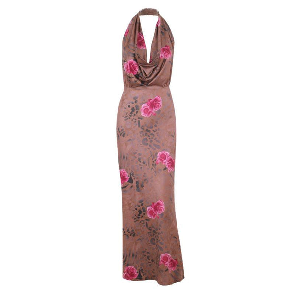 Halter cowl neck flower print ruched maxi dress