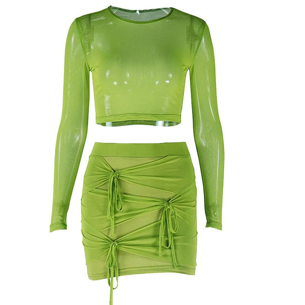 Long sleeve mesh see through knotted mini skirt set