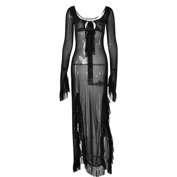 Long flared sleeve sheer mesh ruffle slit maxi dress