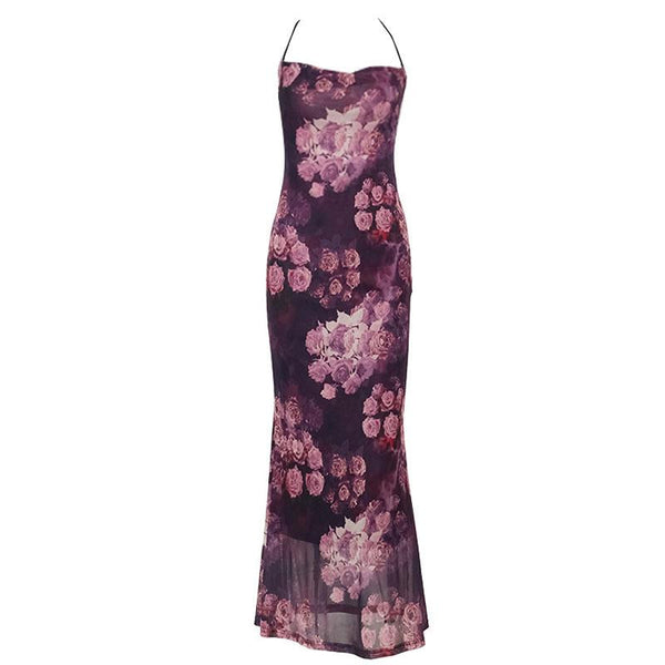 Cross back square neck flower print spaghetti strap maxi dress