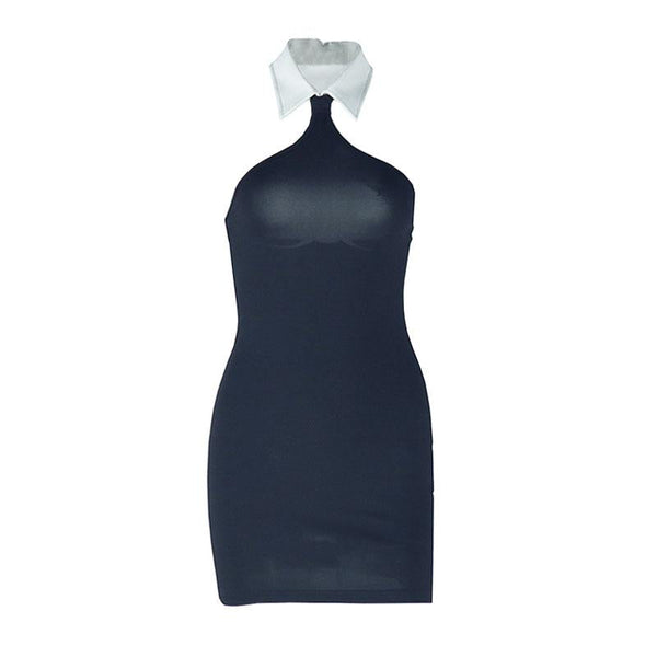 Halter turnover collar button backless mini dress