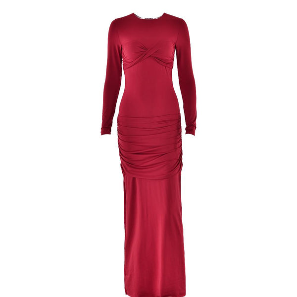 Long sleeve crewneck ruched cross front maxi dress