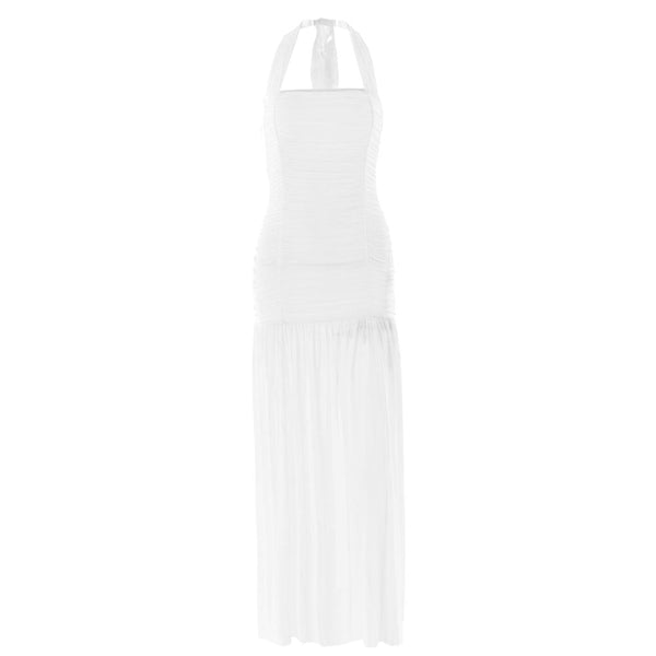 Halter ruched backless solid maxi dress