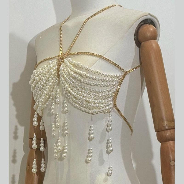 Metal chain beaded hollow out backless top