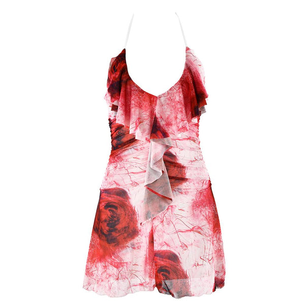 Halter ruffle rose print ruched backless cami mini dress