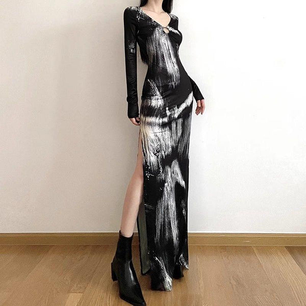 Long sleeve v neck tie dye high slit maxi dress