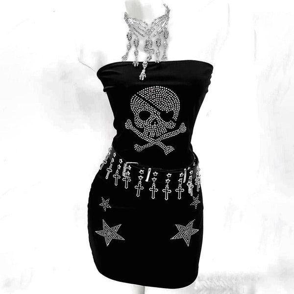 Beaded skull pattern cross applique tube mini skirt set