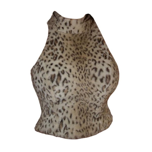 Leopard print fluffy high neck contrast crop top