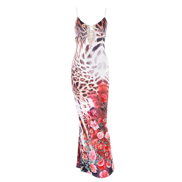 V neck self tie leopard print backless cami maxi dress