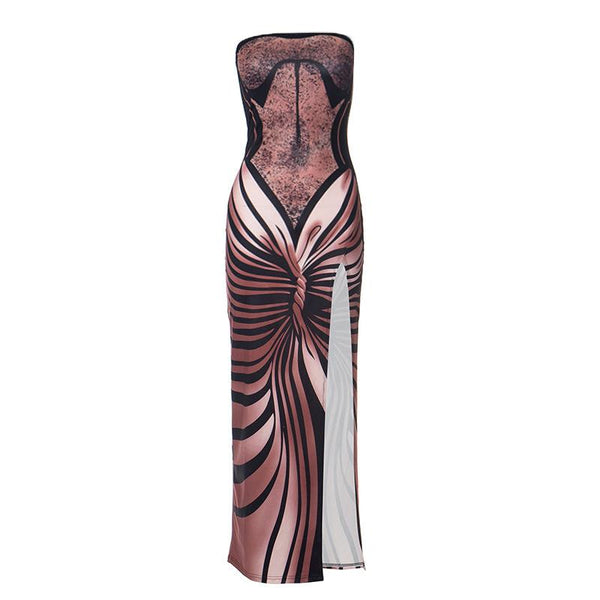 High slit butterfly print tube maxi dress