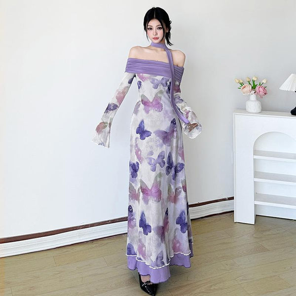 Off shoulder long flared sleeve butterfly print mesh maxi dress