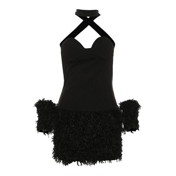 Cross back fluffy halter solid tube mini dress