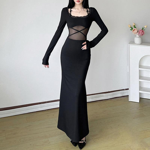 Long sleeve lace hem bowknot cross front mesh maxi dress