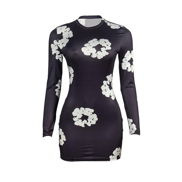 Long sleeve crewneck flower print mini dress