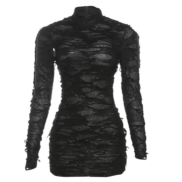 Long sleeve high neck see through hollow out mini dress