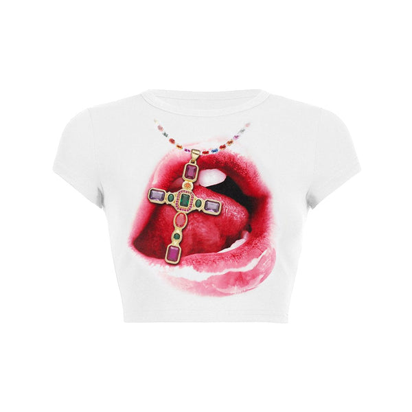 Jewelled Cross Lips Crop Top Baby Tee