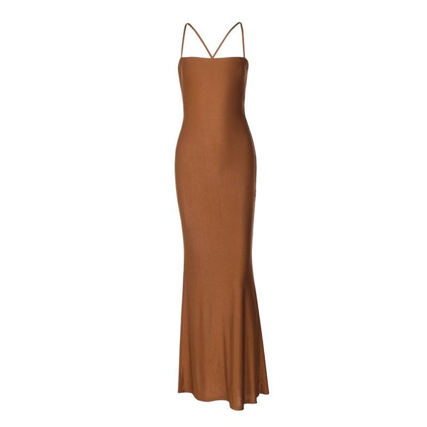 Hollow out ruched cross back cami maxi dress