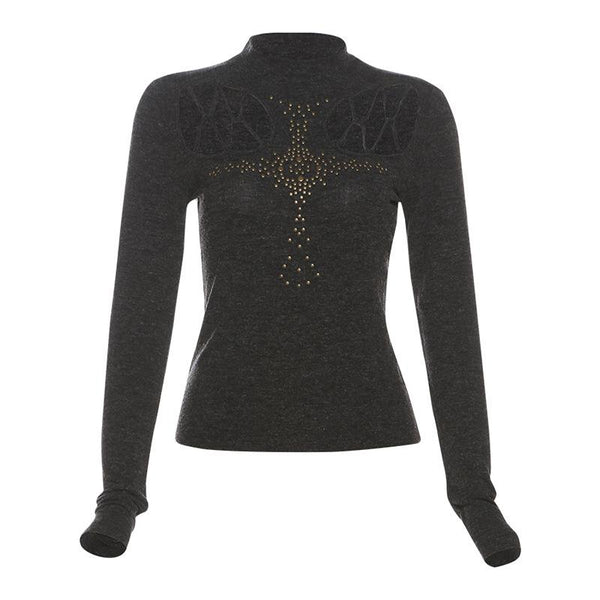 High neck long sleeve beaded cross pattern hollow out top