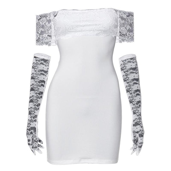 Off shoulder gloves patchwork lace mini dress